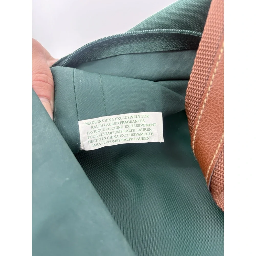 VTG Ralph Lauren Green Duffle Bag Fragrance Weekender Brown Trim Extra Large 30